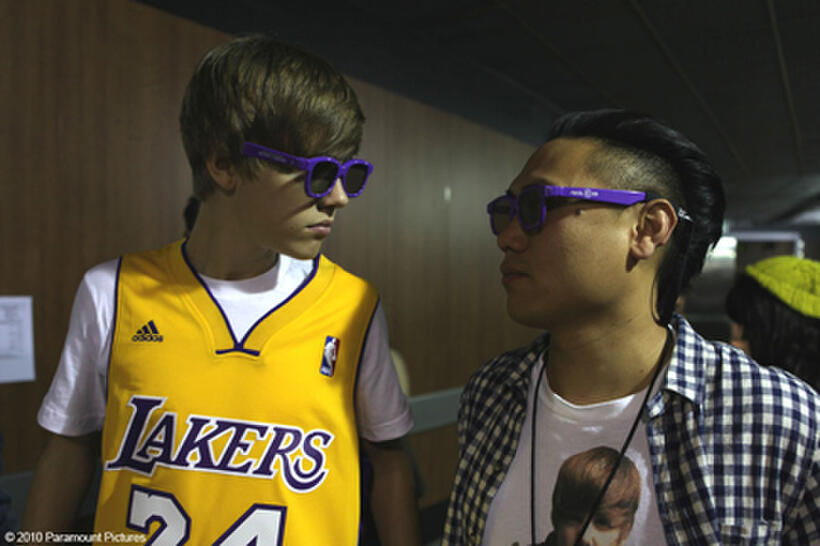 Justin Bieber with director Jon M. Chu in "Justin Bieber: Never Say Never."