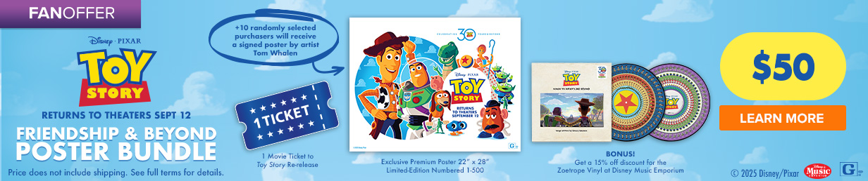 Get the Friendship & Beyond Poster Bundle and receive a Toy Story 30th Anniversary re-release ticket, an exclusive numbered print, plus 15% off a zoetrope vinyl.