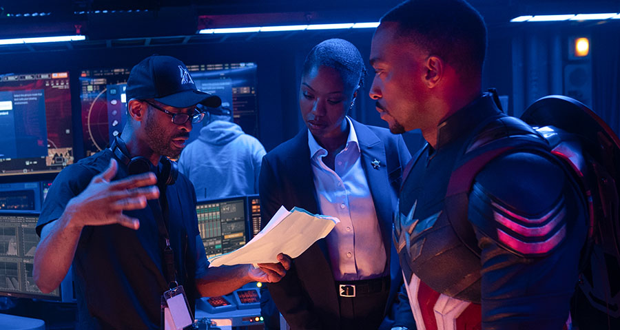 Julius Onah, Xosha Roquemore and Anthony Mackie on the set of Captain America: Brave New World