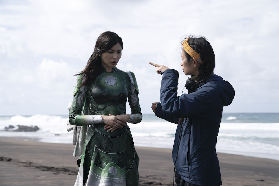 Director Chloé Zhao with Gemma Chan on "Eternals" set