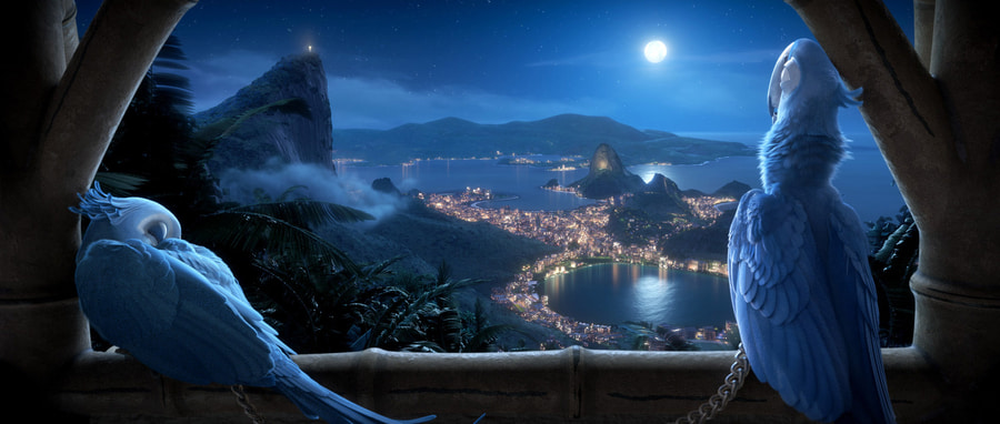 Jewel and Blu looking over the city in Rio